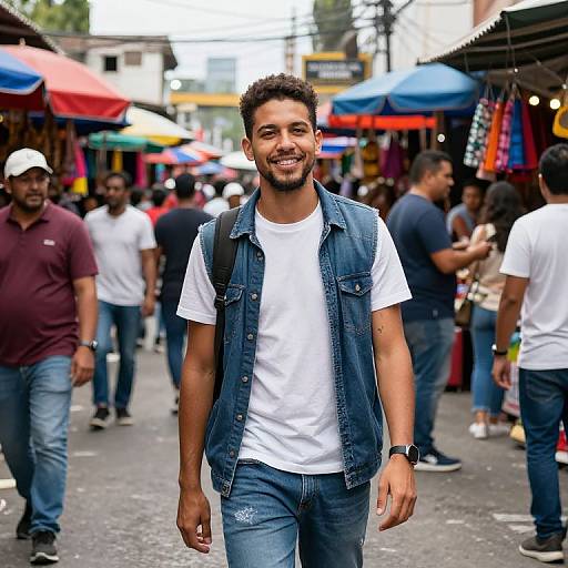 Photograph of a smiling young man with curly hair, wearing a white t-shirt, denim vest, and jeans, walking in a vibrant, colorful street