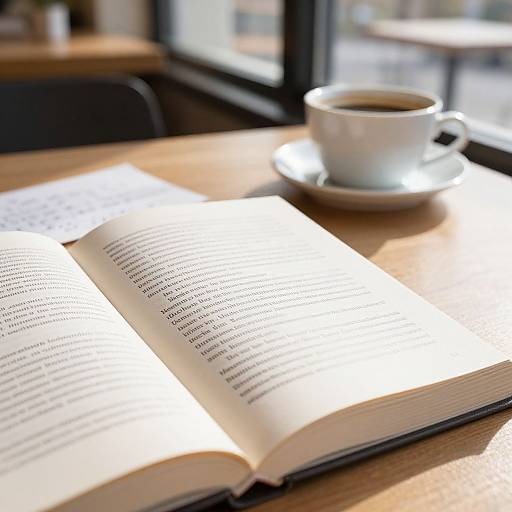 Photograph of an open book on a sunlit wooden table, with a white coffee cup on a saucer in the background.
