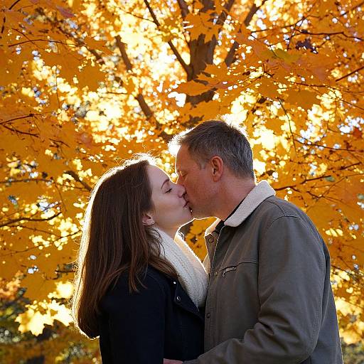 Couple Kissing Under Sunlit Autumn Tree