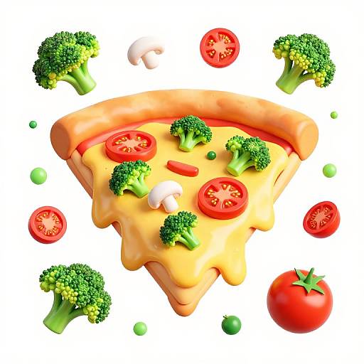 Photorealistic digital image of a cheese-topped pizza slice surrounded by floating broccoli florets, cherry tomatoes, and a mushroom.