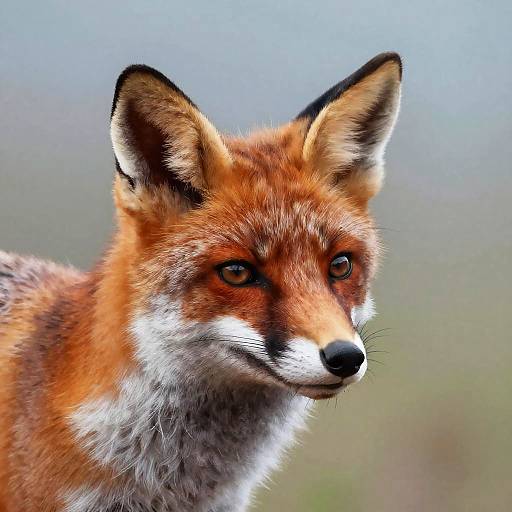 Photograph of a red fox with vibrant orange fur, black ears, and white muzzle, set against a blurred, greenish-blue background.
