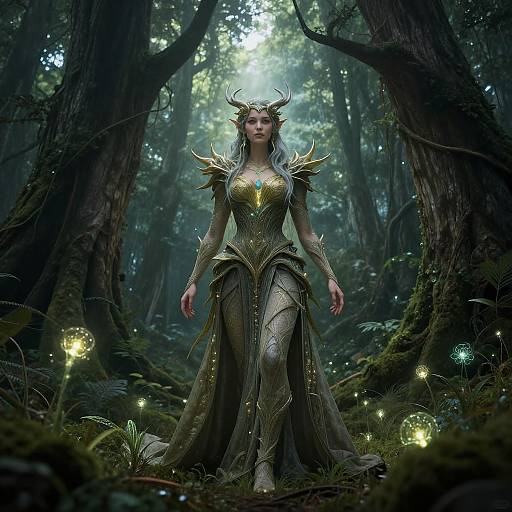 Digital fantasy artwork of a regal, horned, armored woman with glowing gold accents, standing in a mystical forest illuminated by glowing fireflies.