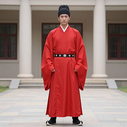 Photograph of an Asian male in a bright red traditional Korean hanbok with wide sleeves, black belt, black hat, and black shoes, standing