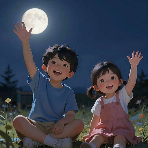 Playful Kids Waving Under Moonlight