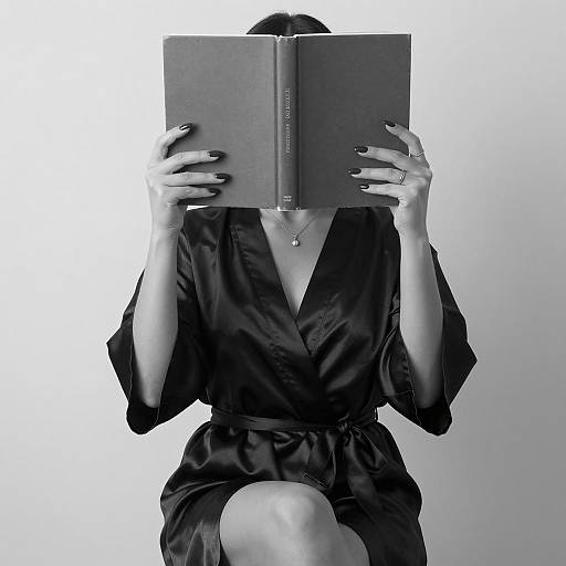 Woman in black satin robe reading book