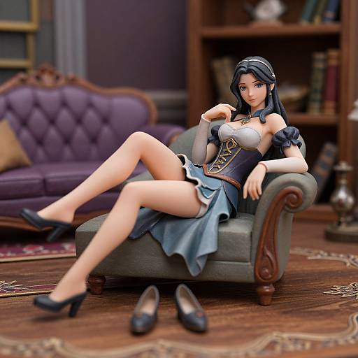 Digital anime-style illustration of a black-haired woman in a blue corset and skirt, lounging on a gray armchair in a luxurious, book-filled