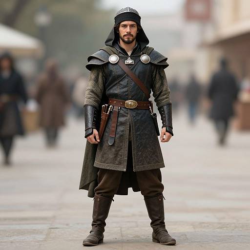 Photograph of a bearded man in medieval armor, black hood, leather tunic, metal shoulder plates, standing confidently in a blurred street.
