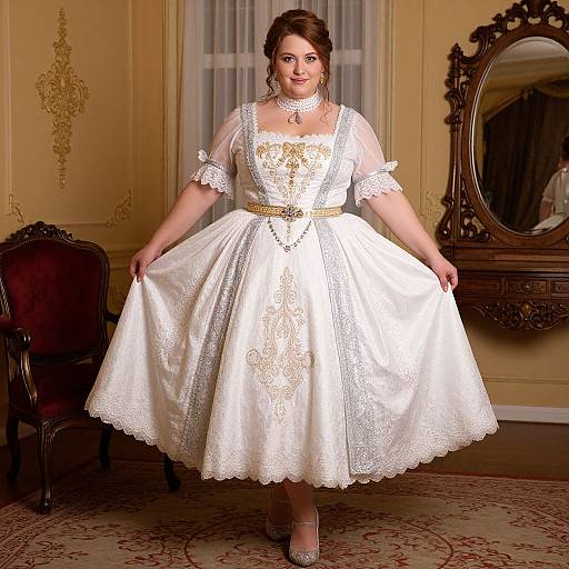 Photograph of a plus-sized woman in a white, lace-trimmed, Victorian-style dress with a full skirt, standing in an elegant, orn