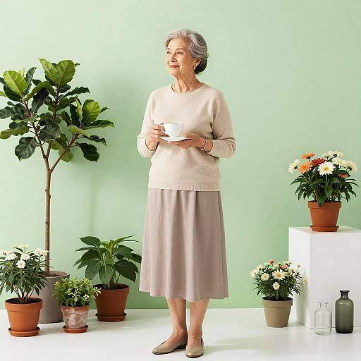 Elderly Woman in Tranquil Garden