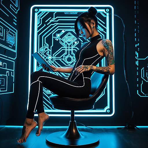 Vietnamese Cyberpunk Hacker Girl with Neon Tattoos