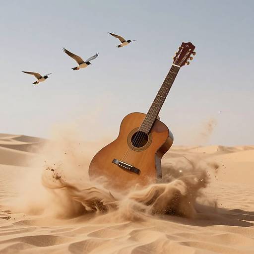 Photograph: Wooden acoustic guitar emerging from sandy desert, surrounded by swirling sand, three birds flying in clear blue sky.