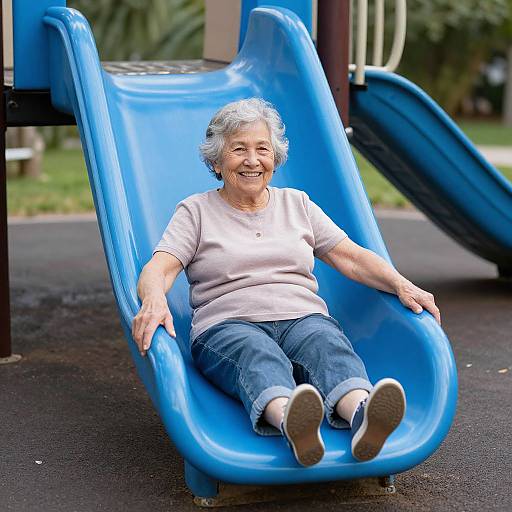 Photograph of an elderly woman with short gray hair, smiling, wearing a white shirt and blue jeans, sliding down a bright blue plastic slide in a