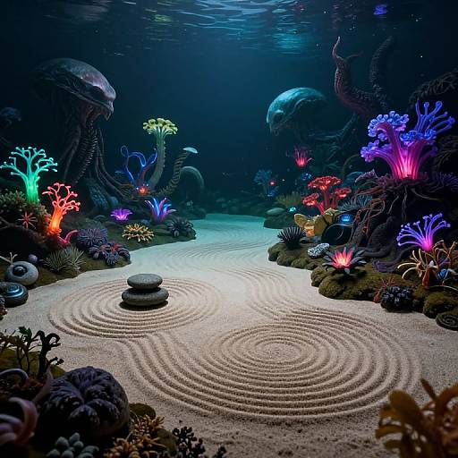 Photorealistic digital art: Underwater garden with glowing, colorful coral, smooth stone path, and spiral raked sand. Alien-like creatures in dark