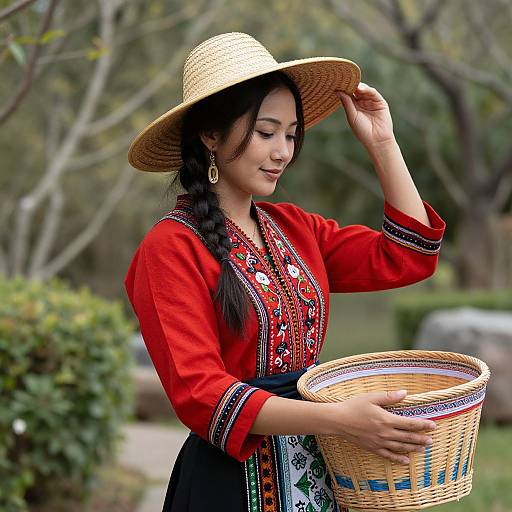 Woman in Embroidered Dress in Garden