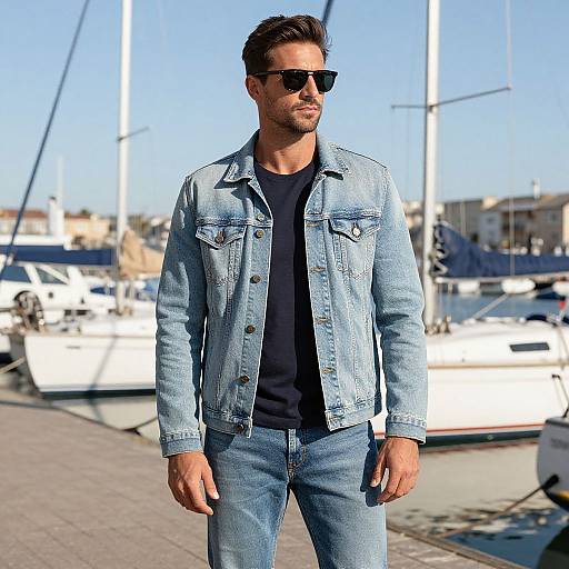 Photograph of a muscular man with short brown hair, black sunglasses, wearing a light blue denim jacket and jeans, standing by a sunlit marina