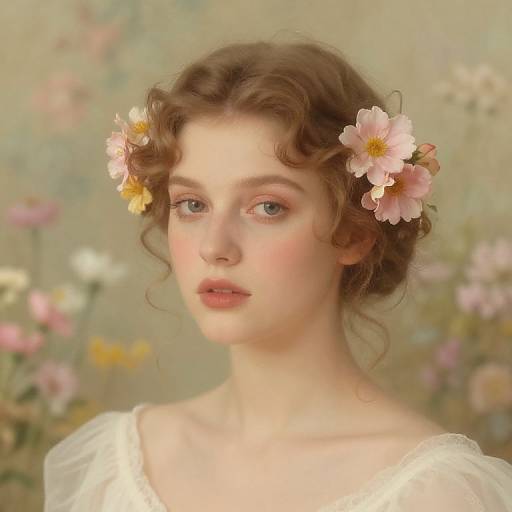 Digital painting of a fair-skinned, blue-eyed young woman with curly brown hair adorned with pink flowers, wearing a white, puffed-sleeve