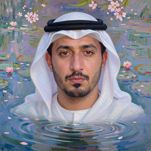 Digital painting of a Middle Eastern man with dark hair and beard, wearing a white thawb and black headscarf, floating in a colorful pond with