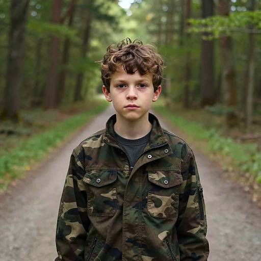 Photograph of a young boy with curly brown hair, wearing a camouflage jacket, standing on a forest path with blurred green trees in the background.