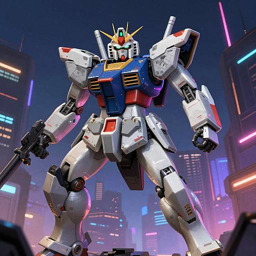 CGI image of a futuristic, blue, white, and red robotic mecha with a yellow crest, standing in a neon-lit cityscape at