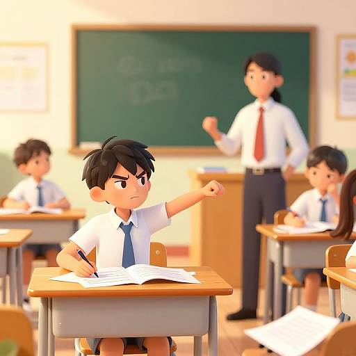 3D CGI cartoon of a classroom: focused boy with black hair raises arm, teacher in white shirt and red tie, other students writing. Green chalk