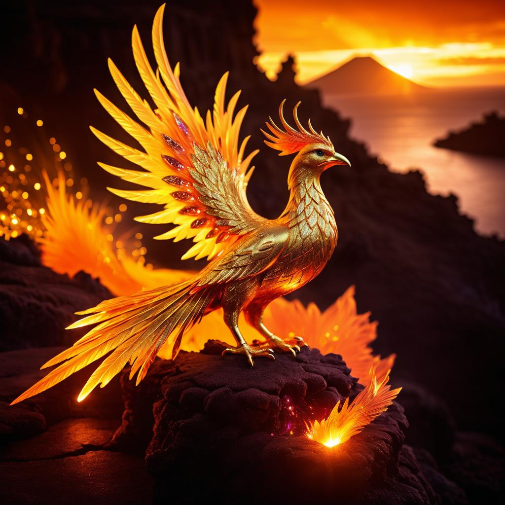 Enchanted Golden Phoenix in Volcanic Landscape