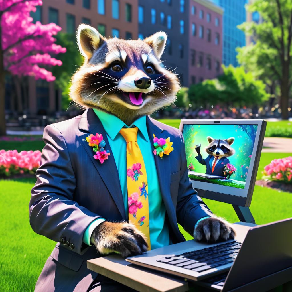 Jubilant Raccoon in a Suit at Work