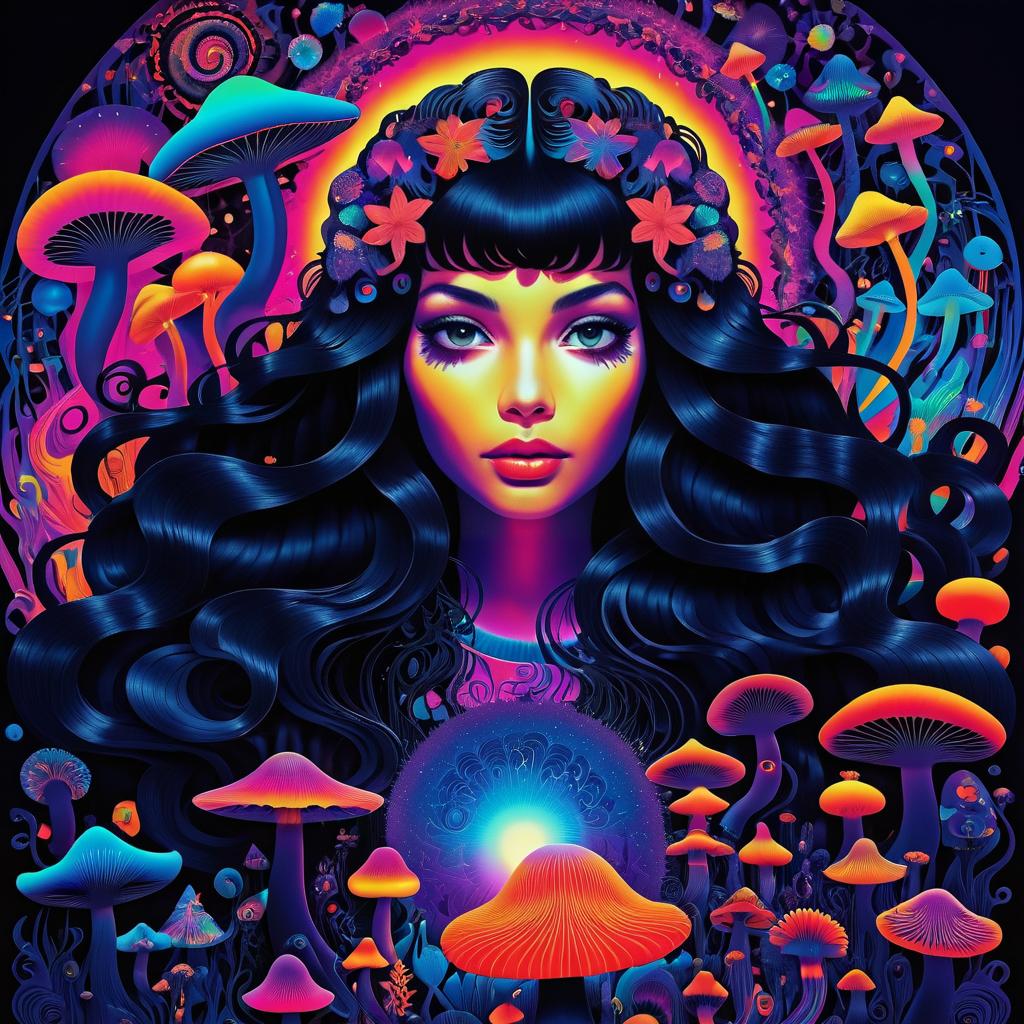 Psychedelic Poster of Surreal Girl and Cat