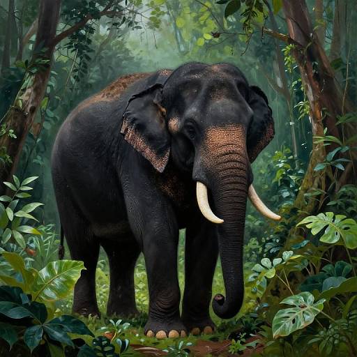 Photograph of a large, dark-skinned elephant with white tusks standing in a dense, lush jungle, surrounded by green foliage.