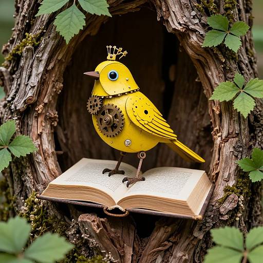 Photograph of a yellow bird-shaped sculpture with gears and a crown, perched on an open book inside a mossy tree hollow.