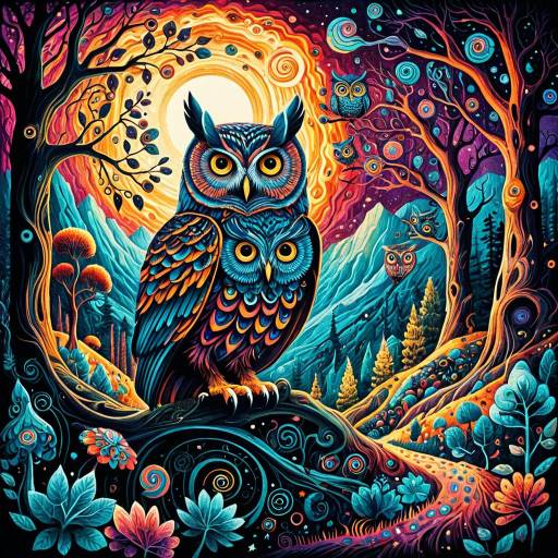 Surrealist Multi-eyed Owls in Vibrant Fantasy Landscape