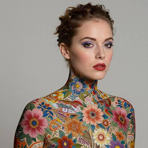 Photograph of a woman with fair skin, curly brown hair, and red lipstick, wearing a vibrant, floral-patterned, high-neck top against a