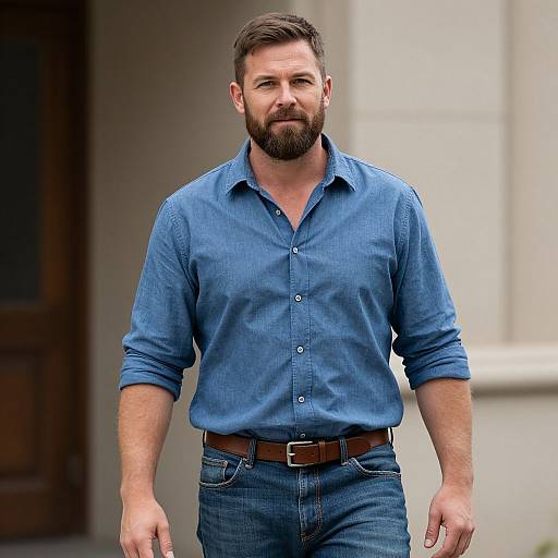 Photograph of a muscular, bearded man with short brown hair, wearing a blue button-up shirt and blue jeans, standing outside with a neutral,