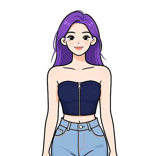 Digital anime-style drawing of a smiling woman with long purple hair, wearing a black strapless crop top with a zipper and light blue high-waisted