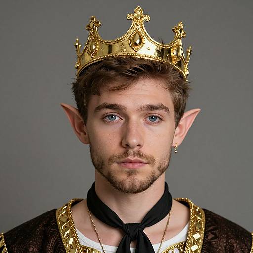 Photograph of a young man with light brown hair, blue eyes, and pointed elf ears, wearing a gold crown, black choker, and gold