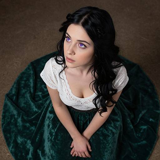 Photograph of a pale-skinned woman with long black hair, purple eyes, white lace top, and green velvet skirt, sitting on a round dark