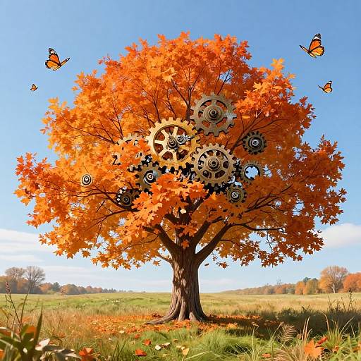Photograph of an autumn tree with vibrant orange leaves and metallic gears, surrounded by orange butterflies, set in a sunny meadow.