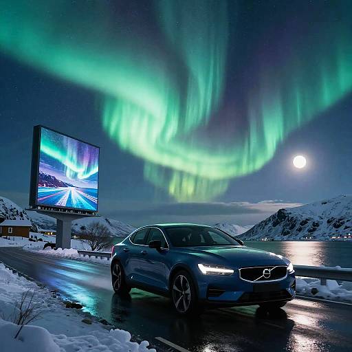 Midnight Aurora Drive Along Fjord Road