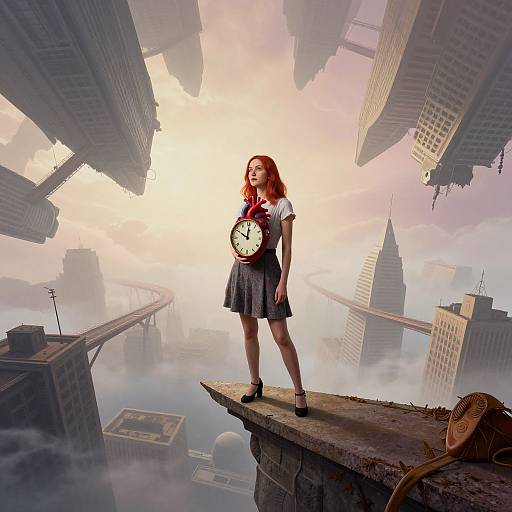 Photograph-style digital art: Red-haired girl in school uniform with clock necklace, standing on rooftop edge, overlooking cloud-covered, towering cityscape.