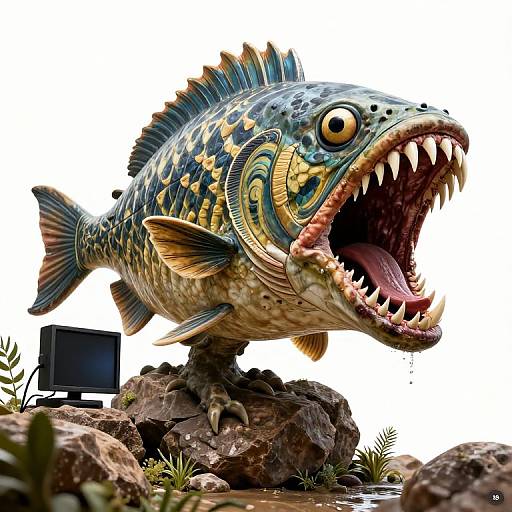 Photorealistic CGI of a colorful, monstrous fish with sharp teeth and intricate scales standing on rocks, a small TV nearby.