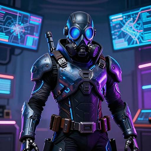 CGI image of a futuristic soldier in black armor with glowing blue eyes, gas mask, and cybernetic shoulder pad, standing in a high-tech
