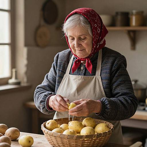 Elderly Woman Peeling Potatoes