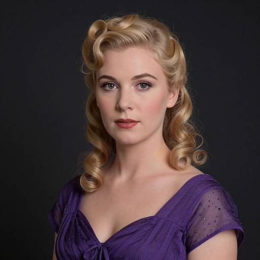Photograph of a fair-skinned woman with curly blonde hair, wearing a sheer purple dress, against a dark background, looking directly at the camera.