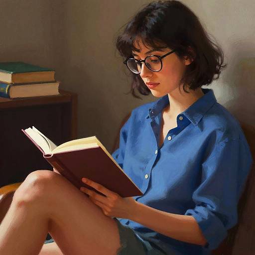 Photograph of a young woman with short black hair, glasses, and blue button-up shirt, sitting and reading a book in a dimly lit room