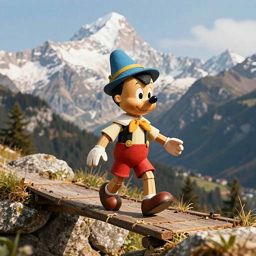 Pinocchio Crossing Snowy Mountain Bridge