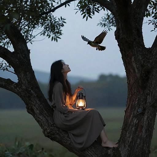 Woman on Tree with Lantern at Dawn