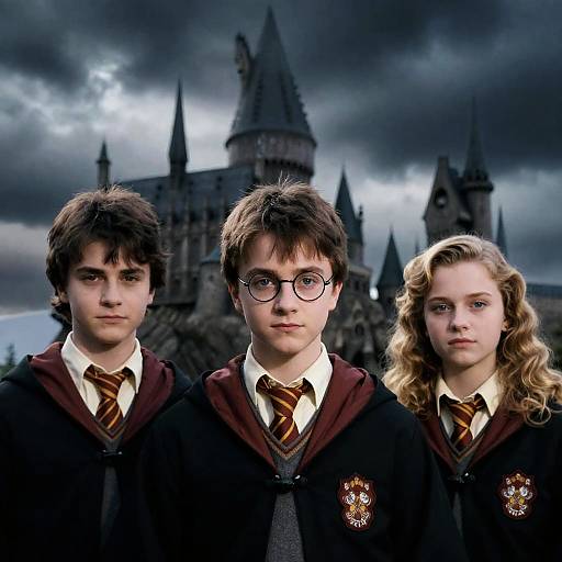 Three Hogwarts Students in Uniform by Castle
