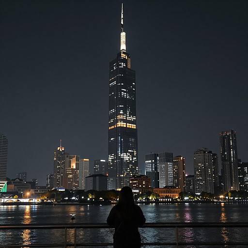 Illuminated Nighttime Cityscape with Skyscraper