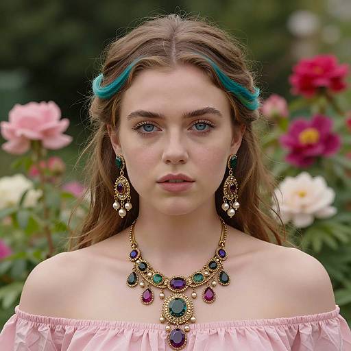 Young Woman with Ornate Jewelry in Garden