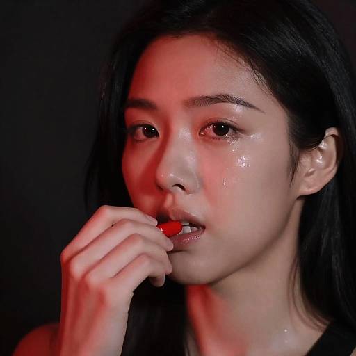 Red-lit Intensity: Asian Woman Portrait