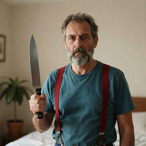 Serious Man with Knife in Indoor Setting